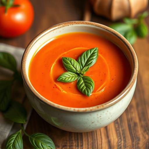 A bowl of creamy tomato soup with basil garnish