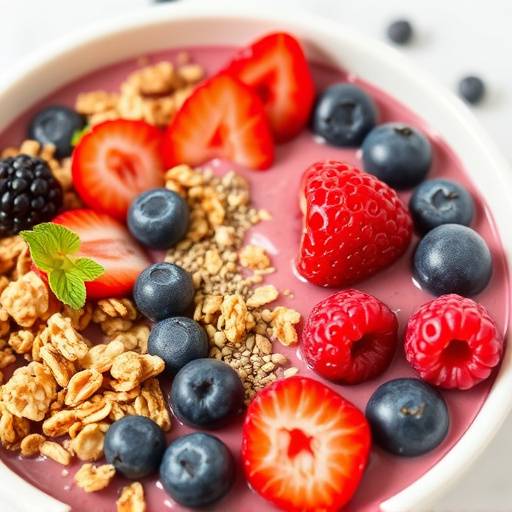 A colorful smoothie bowl topped with fresh berries, granola, and chia seeds, promoting healthy eating