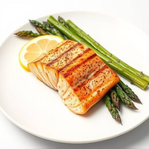 A perfectly grilled salmon fillet served with roasted asparagus and a lemon wedge on a white plate.
