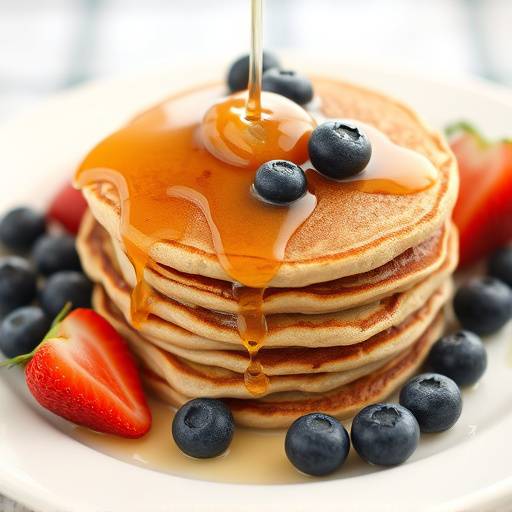 A stack of fluffy whole wheat pancakes topped with fresh blueberries, strawberries, and a drizzle of maple syrup.