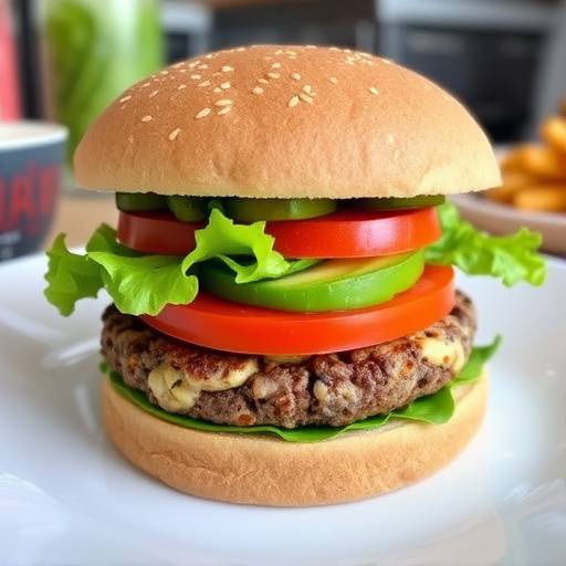 A veggie burger on a whole wheat bun with lettuce, tomato, and avocado