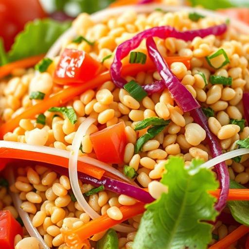 Close-up of a vibrant, colorful salad with various vegetables and grains