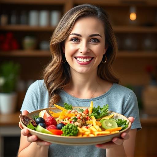 Emily Carter, smiling and holding a plate of healthy food