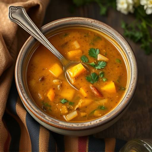 Lentil soup in a rustic bowl with a spoon