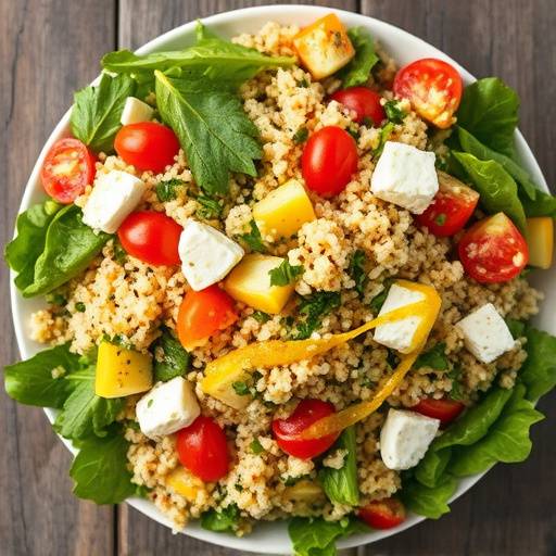 Overhead view of a vibrant quinoa salad with mixed vegetables, feta cheese, and a lemon vinaigrette.