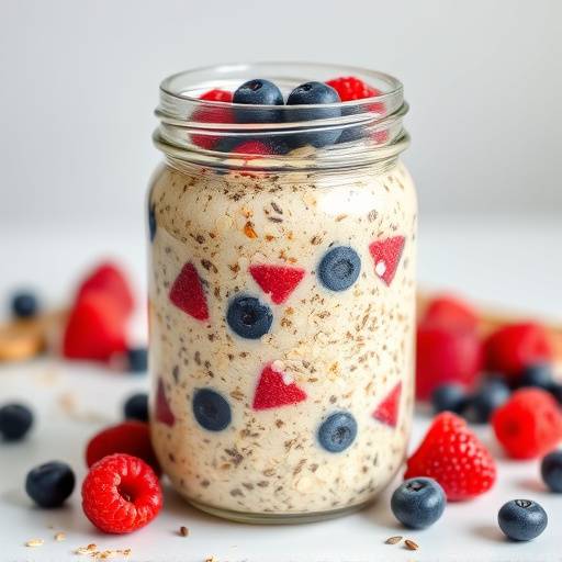 Overnight oats in a glass jar with berries and chia seeds