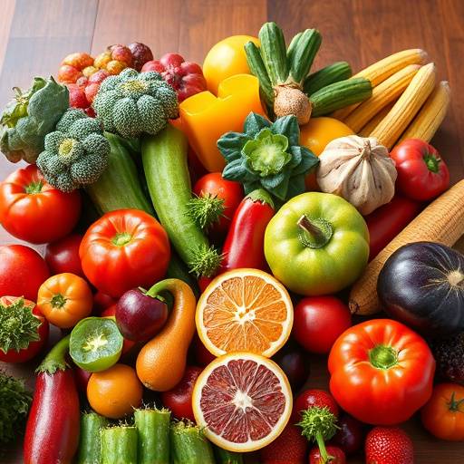 Various colorful fruits and vegetables arranged artfully on a table